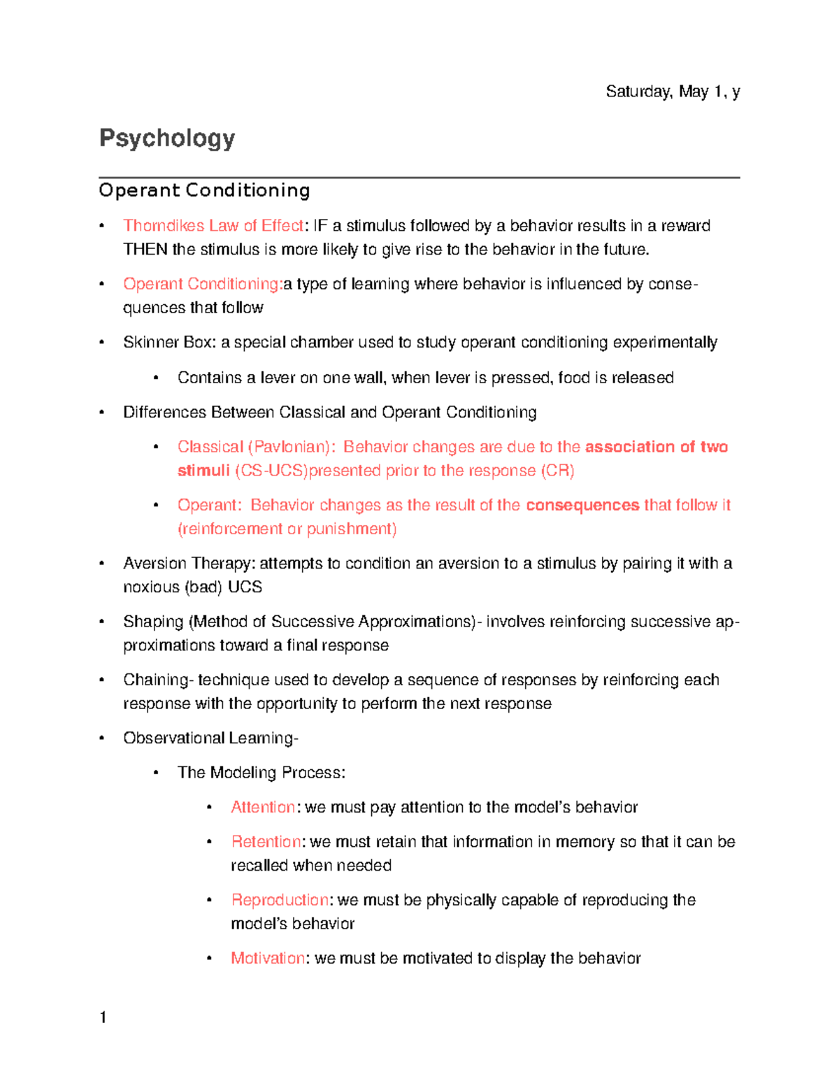 Operant Conditioning - Lecture notes 8 - Tuesday, April 30, y ...