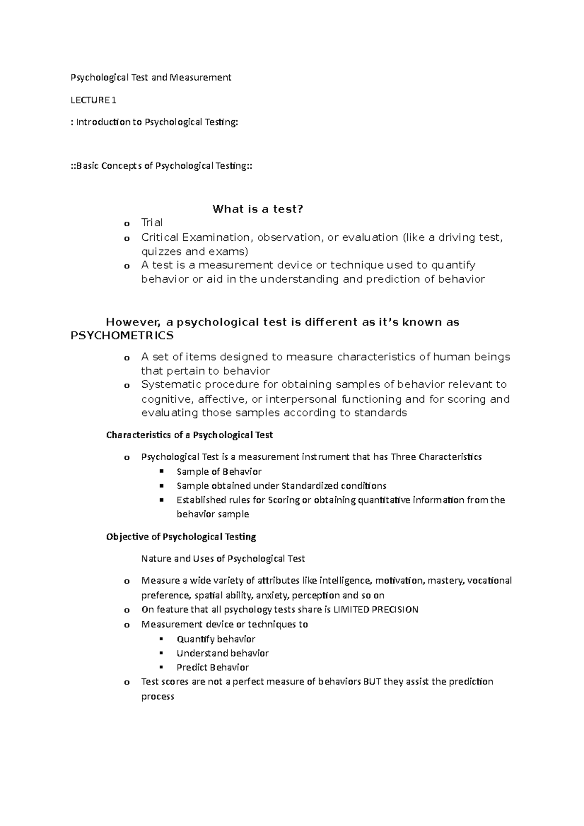 Lecture 1 Psychological Test and Measurement - Psychological Test and ...