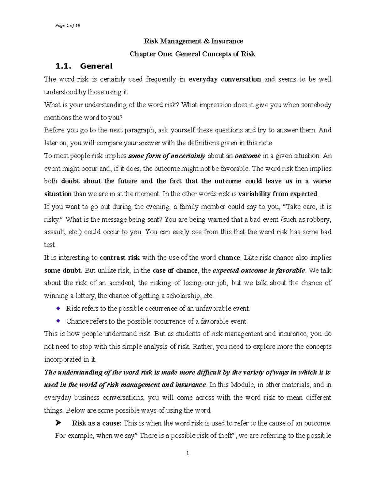 Risk Mgmt Chapter 1 reedt **Risk Management & Insurance Chapter One