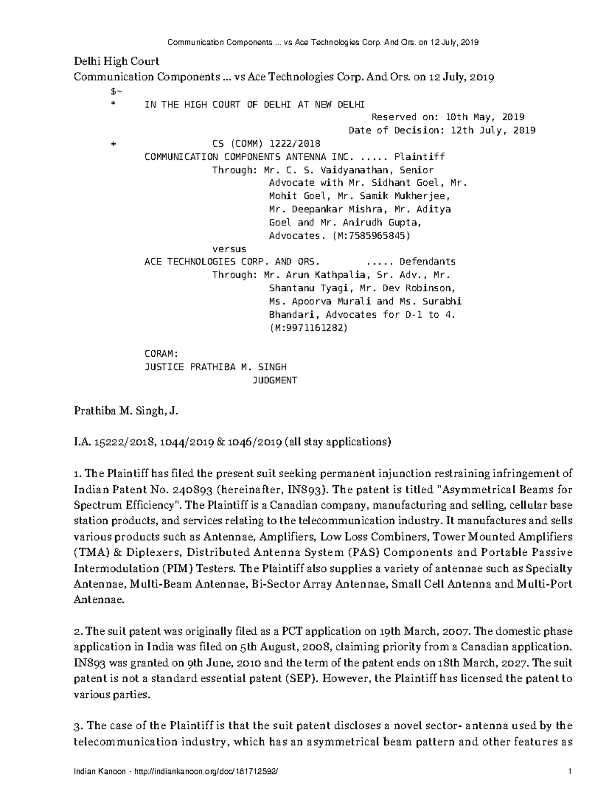 Communication Components Vs Ace Technologies Corp And Ors On 12 July 