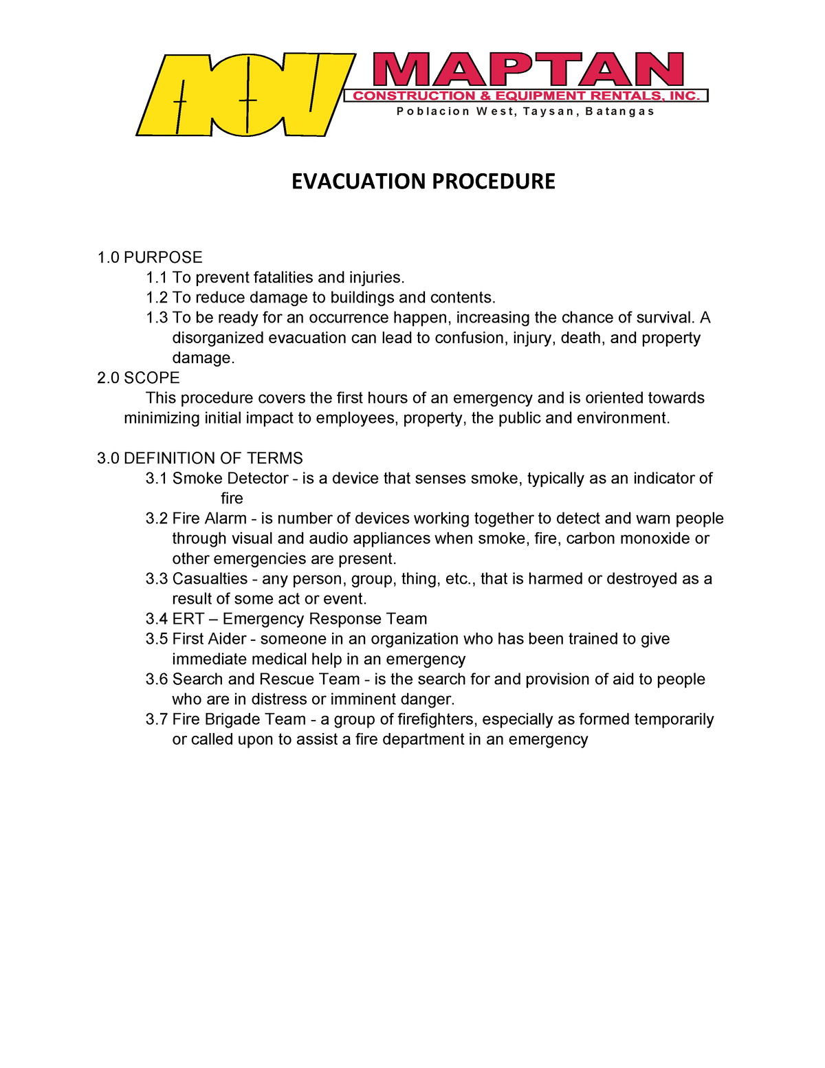 EVAC PLAN - evacuation plan - P o b l a c i o n W e s t , T a y s a n ...