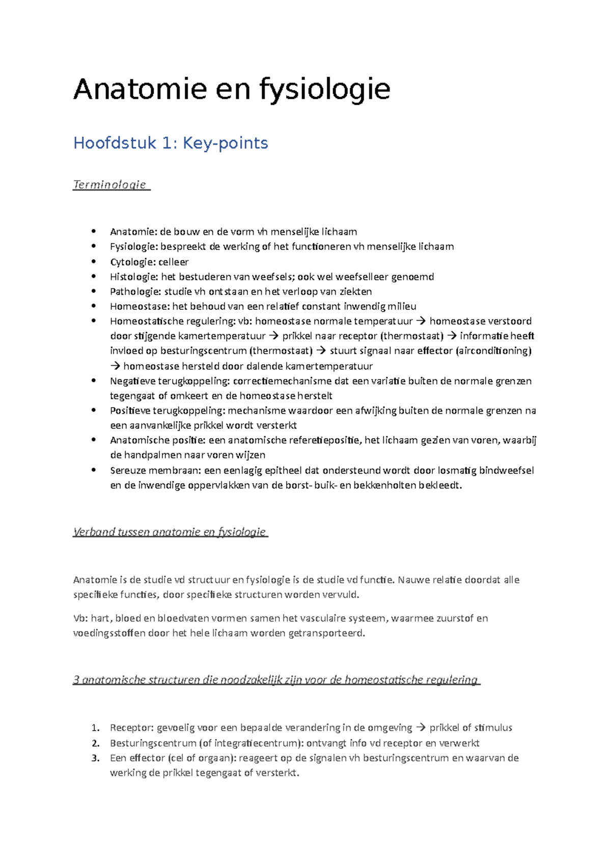 Anatomie Key-points H1 - Anatomie En Fysiologie Hoofdstuk 1: Key-points ...