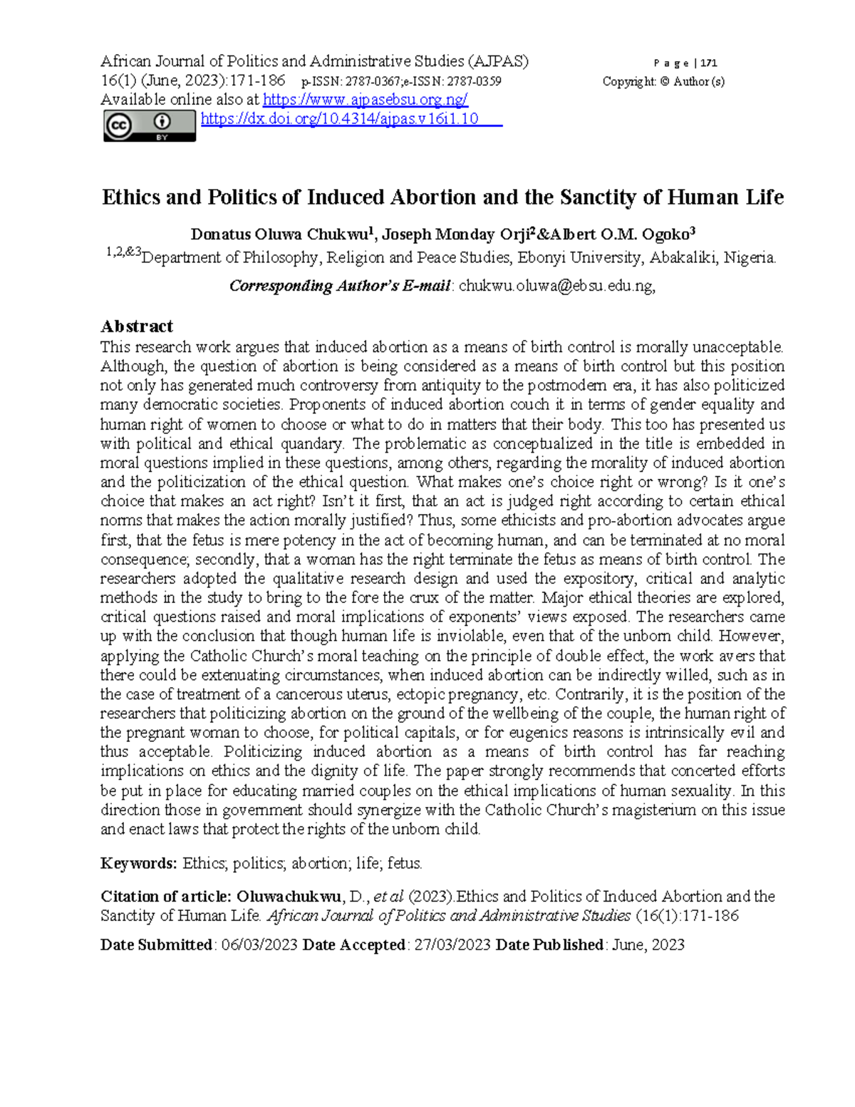 Ethics and Politics of Induced Abortion and the Sa - 16(1) (June, 2023 ...