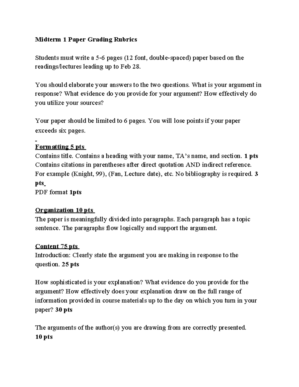 Mid Term 1 Paper Grading Rubric - Midterm 1 Paper Grading Rubrics ...