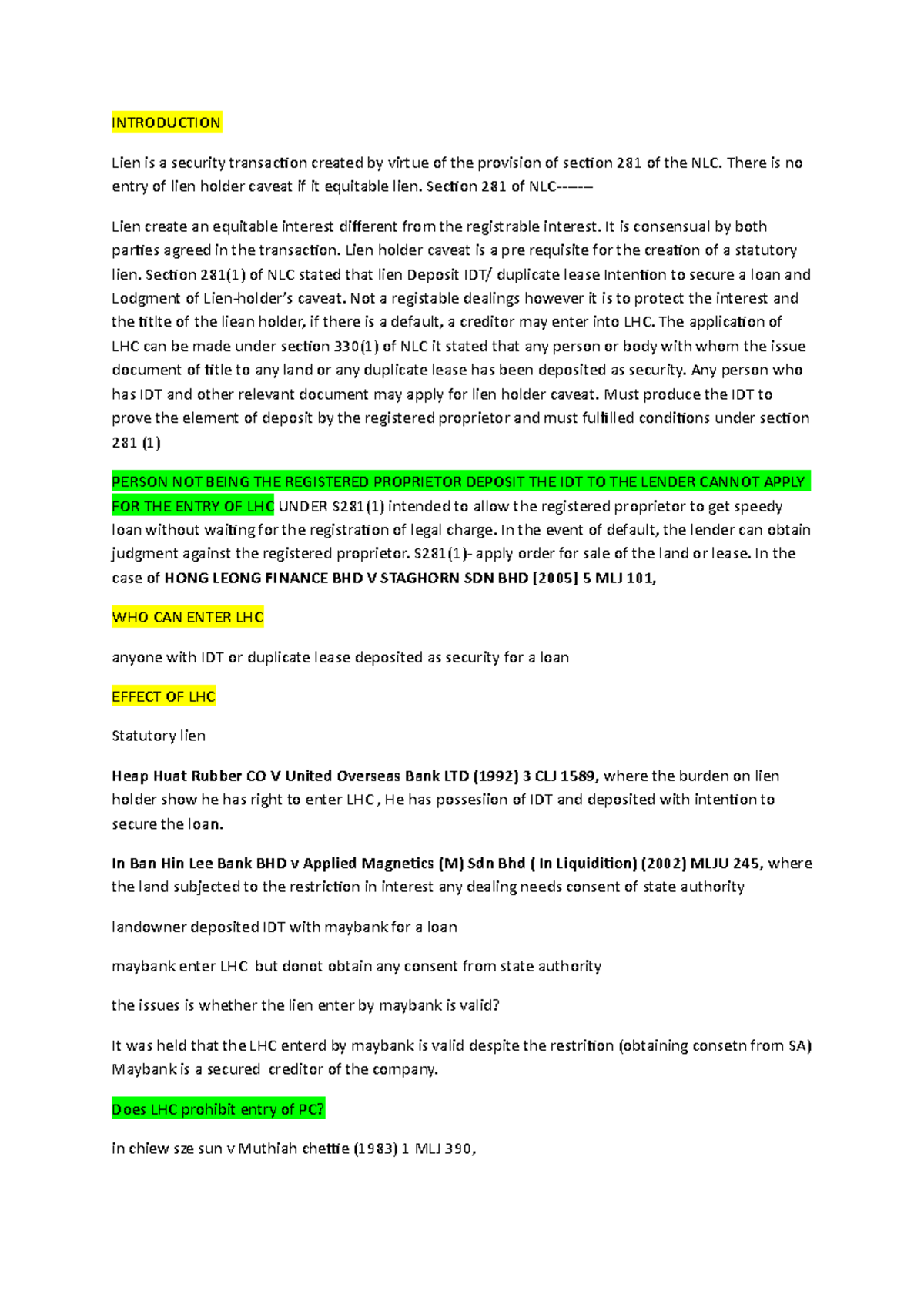 LHC test - lhc - INTRODUCTION Lien is a security transaction created by ...