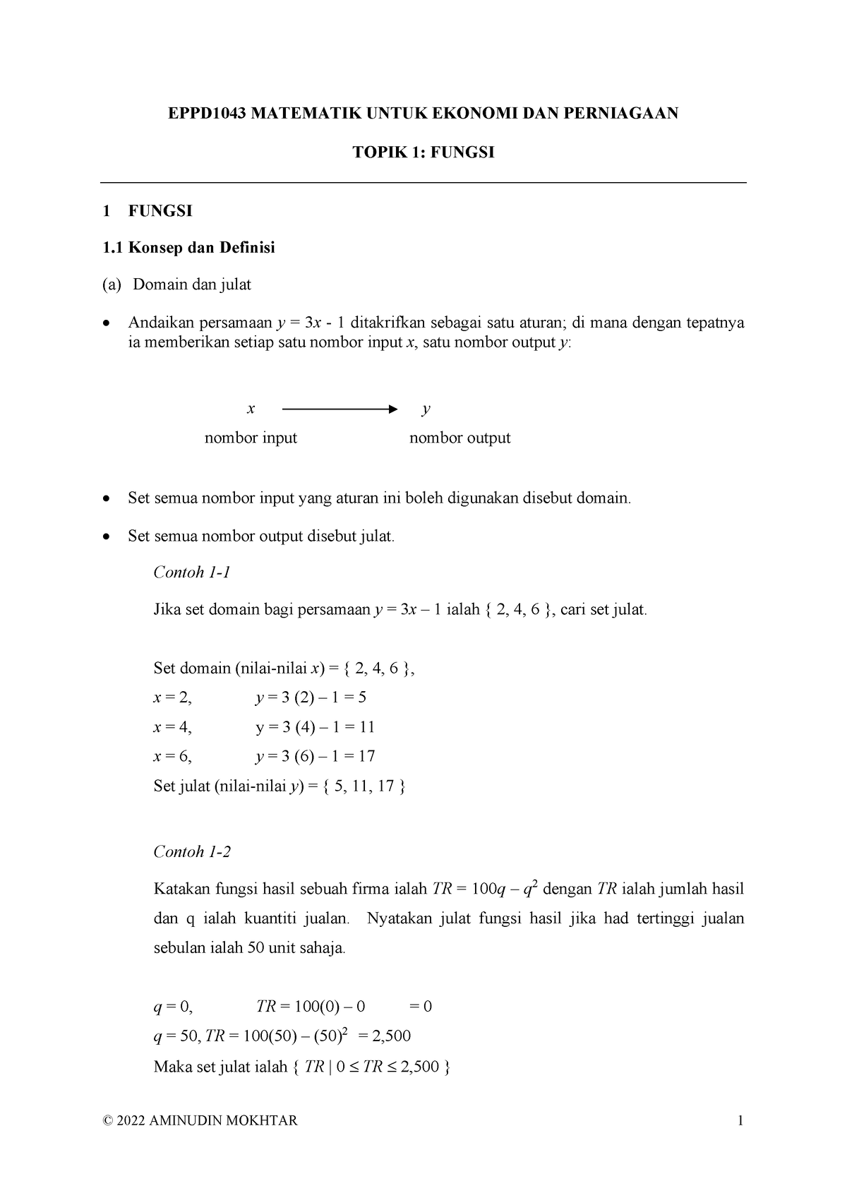 EPPD1043-topik 01 Fungsi - EPPD1043 MATEMATIK UNTUK EKONOMI DAN ...