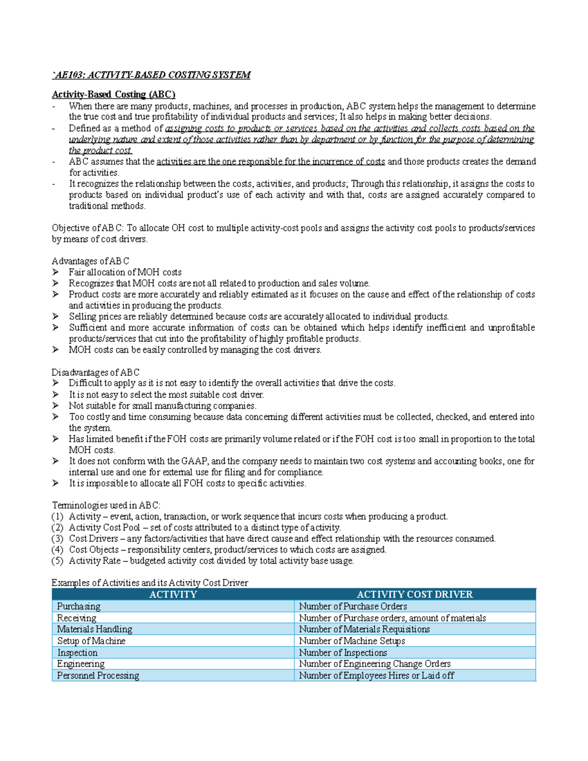 Activity-Based Costing (ABC) Notes - `AE103: ACTIVITY-BASED COSTING ...