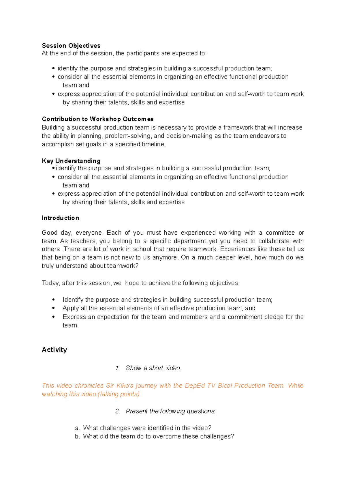Session Objectives - Please give as much additional information as ...