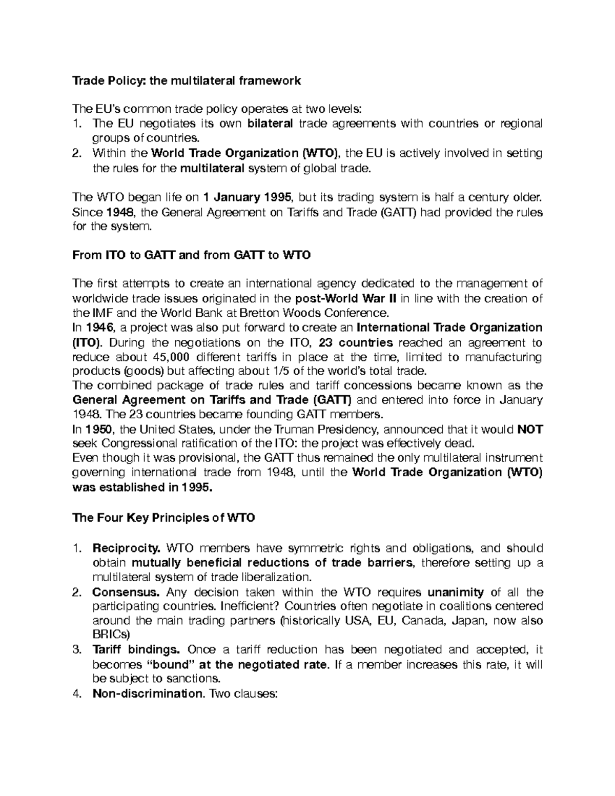 FTA and CU - Lecture Notes - Trade Policy: the multilateral framework ...