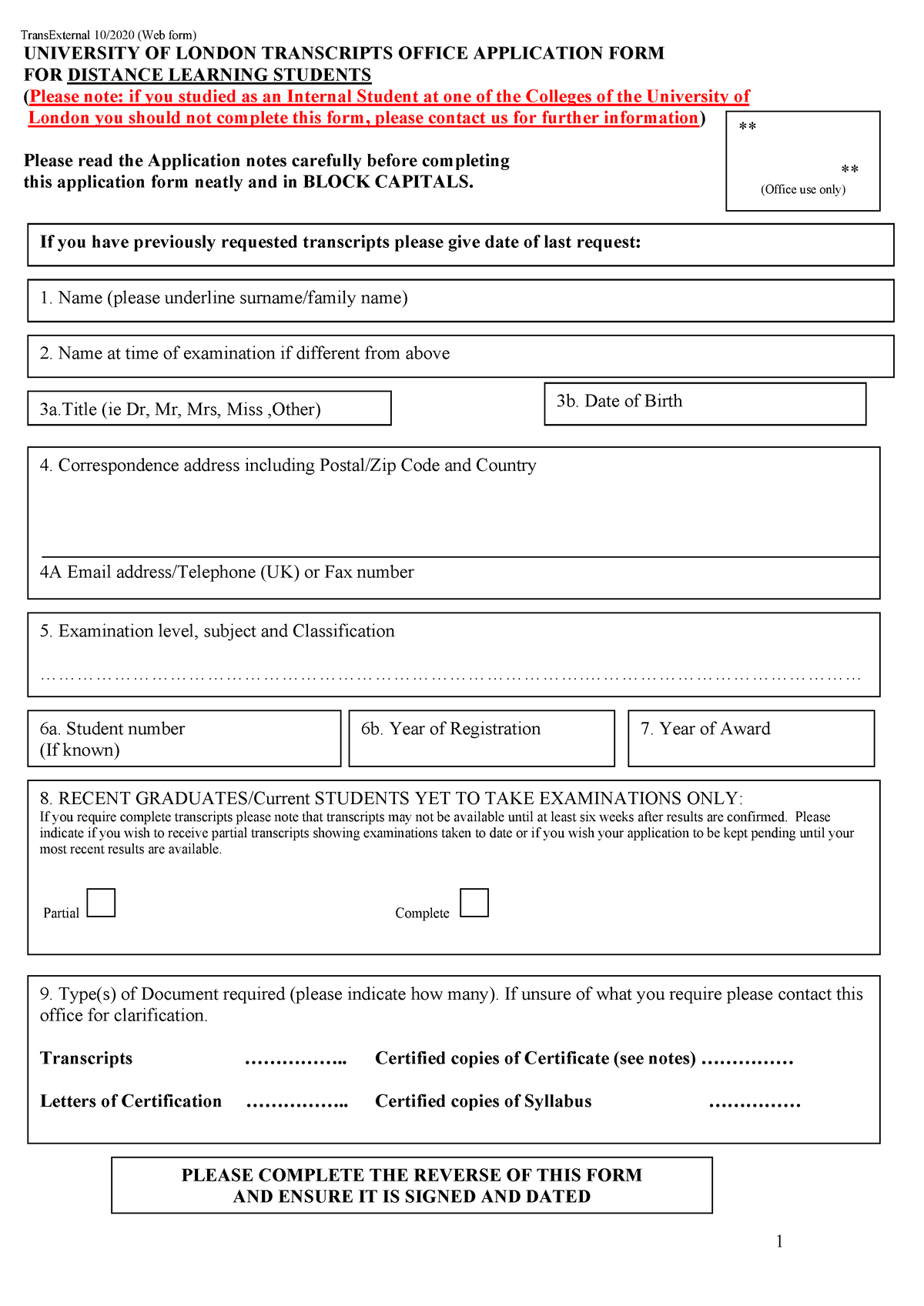 Trans External App UOL - 1 TransExternal 10/20 20 (Web form) UNIVERSITY ...