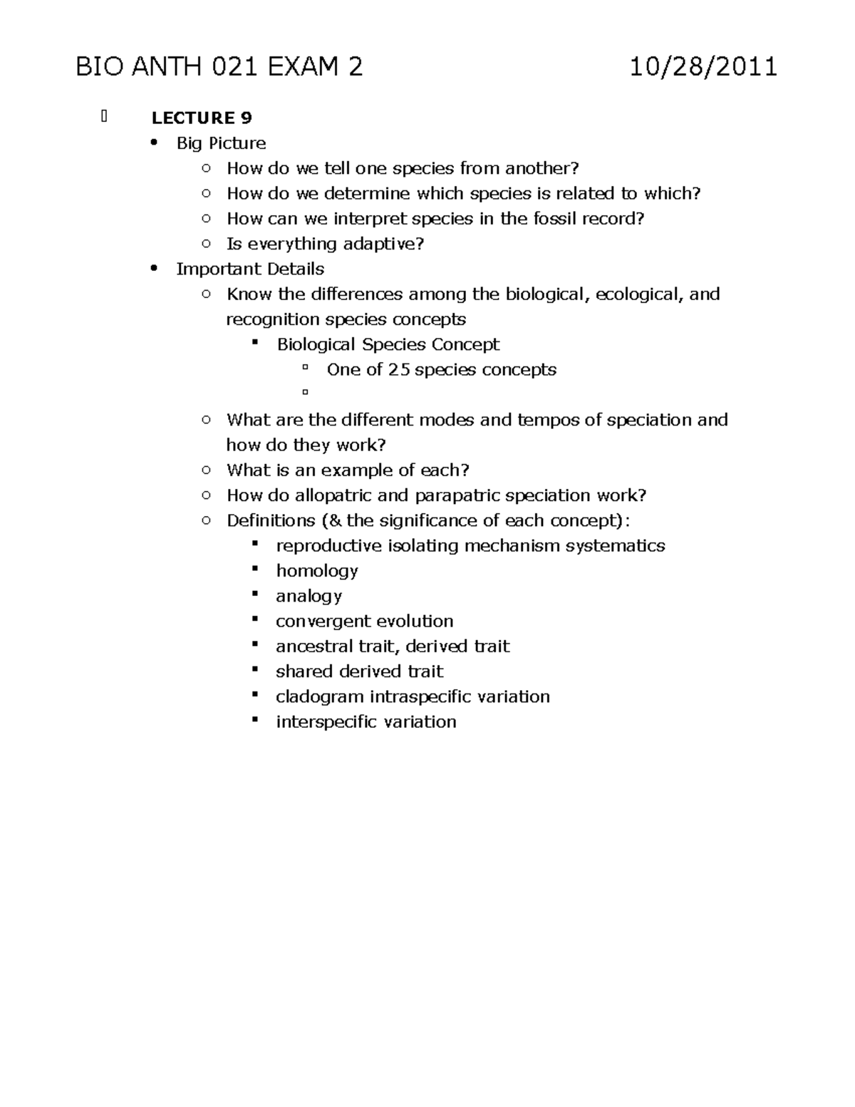BIO ANTH 021 EXAM 2 - exam study guide - BIO ANTH 021 EXAM 2 10/28 ...