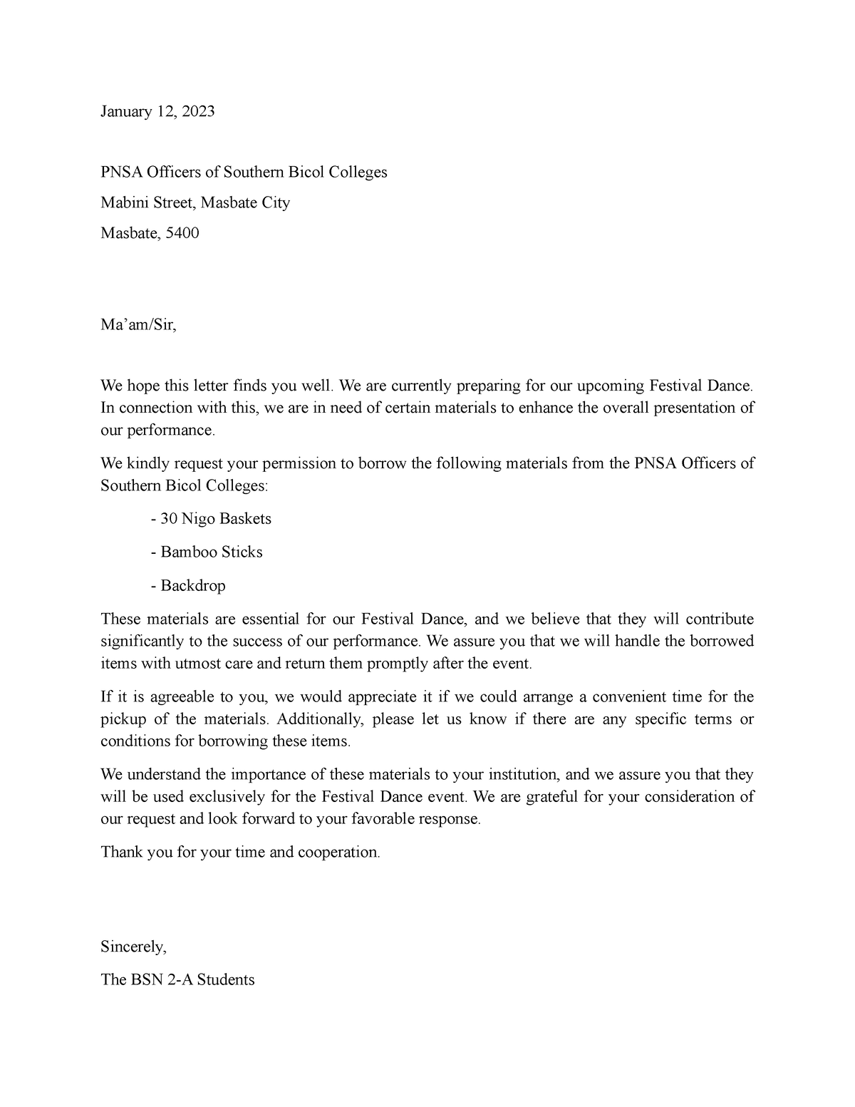 Letter OF Request - January 12, 2023 PNSA Officers of Southern Bicol ...