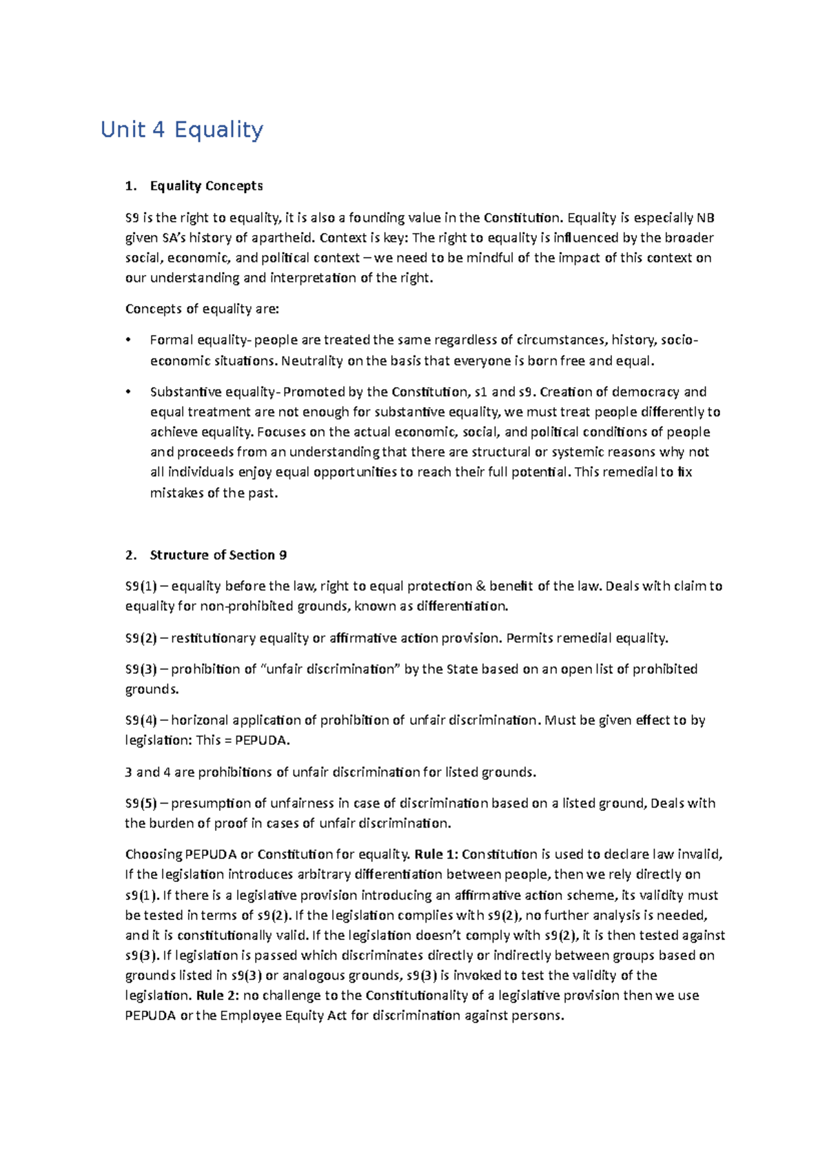 Unit 4 Equality - Lecture notes 9 - Unit 4 Equality 1. Equality ...