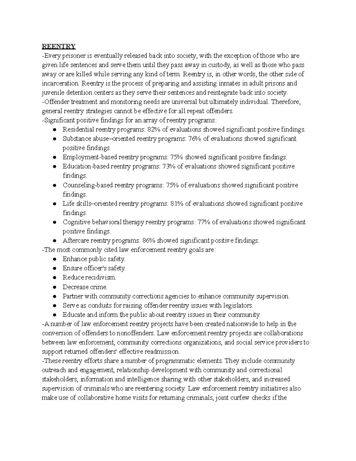 COR 101 Chapter 12 Notes - REENTRY -Every prisoner is eventually ...