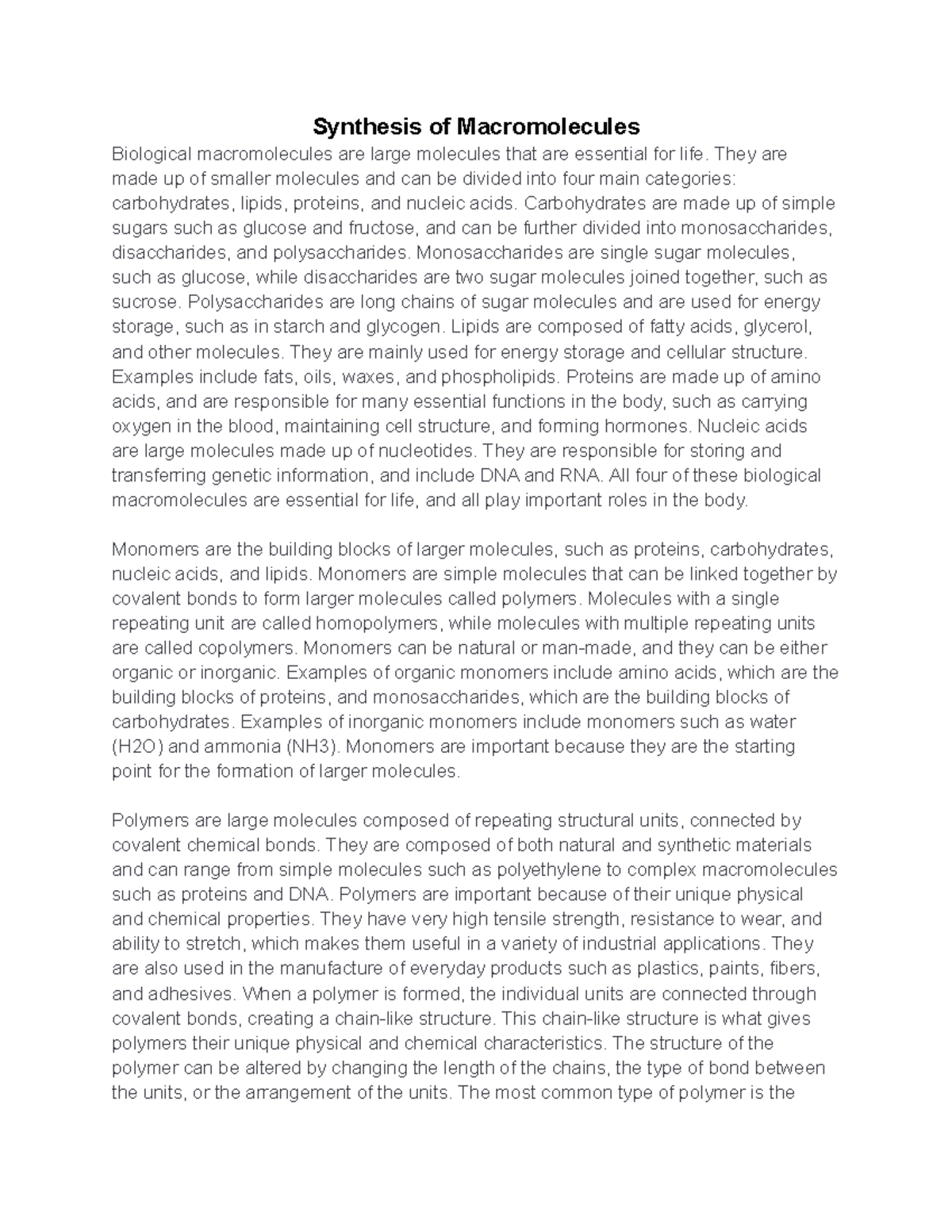 Synthesis of Macromolecules Synthesis of Macromolecules Biological