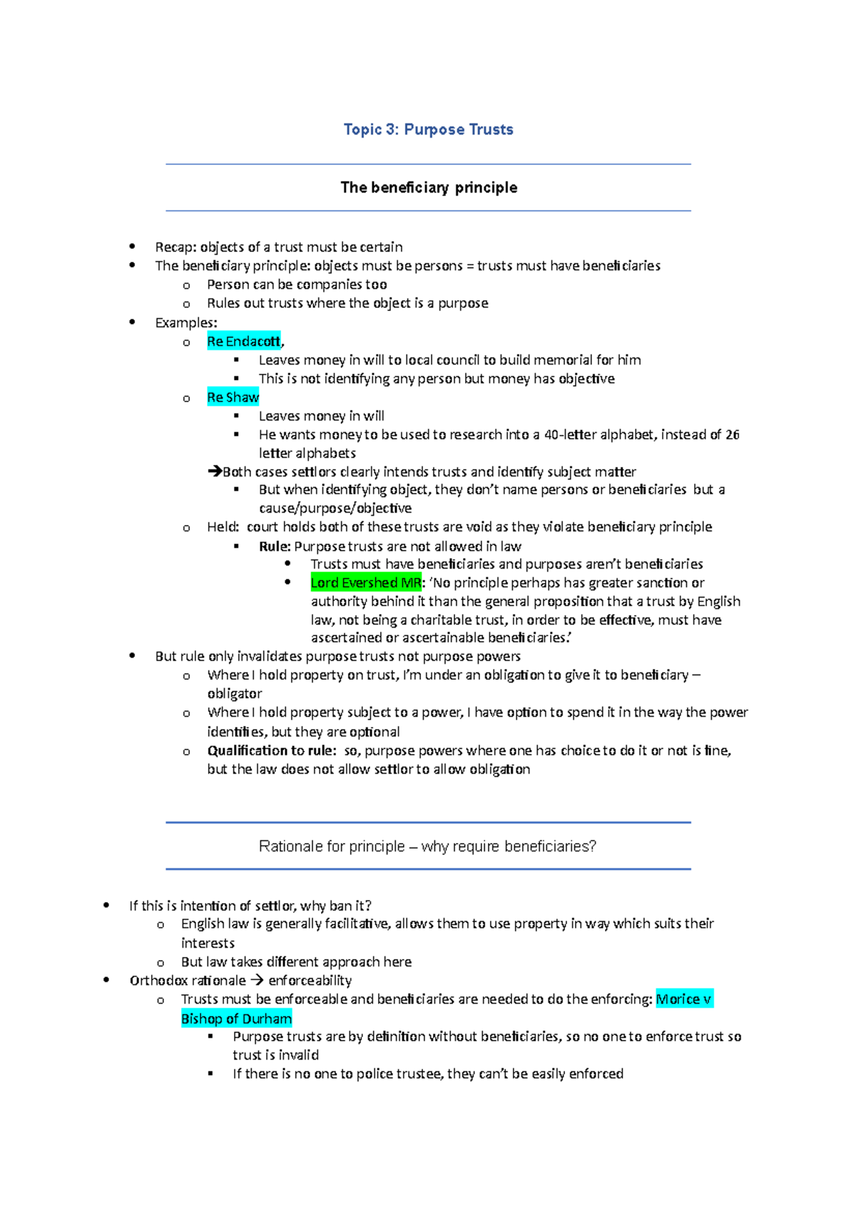 Topic 3 - Purpose Trusts - Lecture + Reading - Topic 3: Purpose Trusts ...