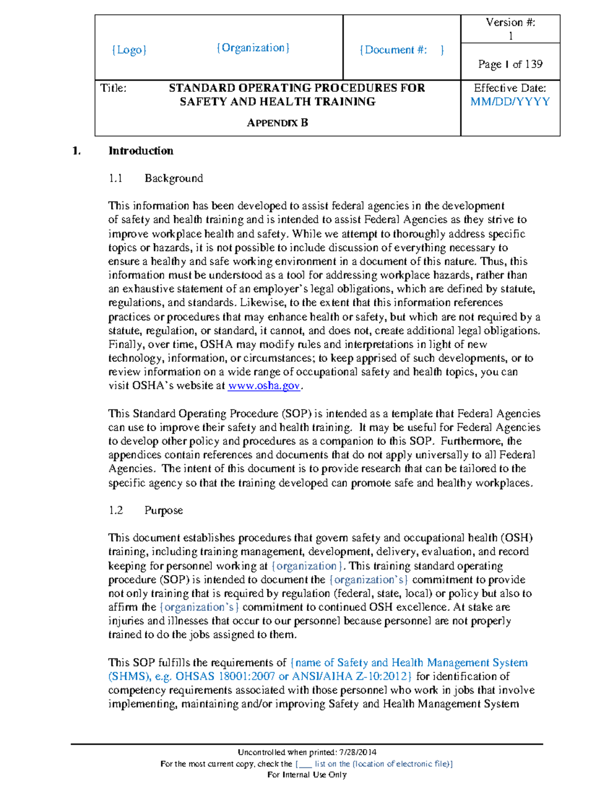 Standard operating procedures - {Logo} {Organization} {Document #: } 1 ...