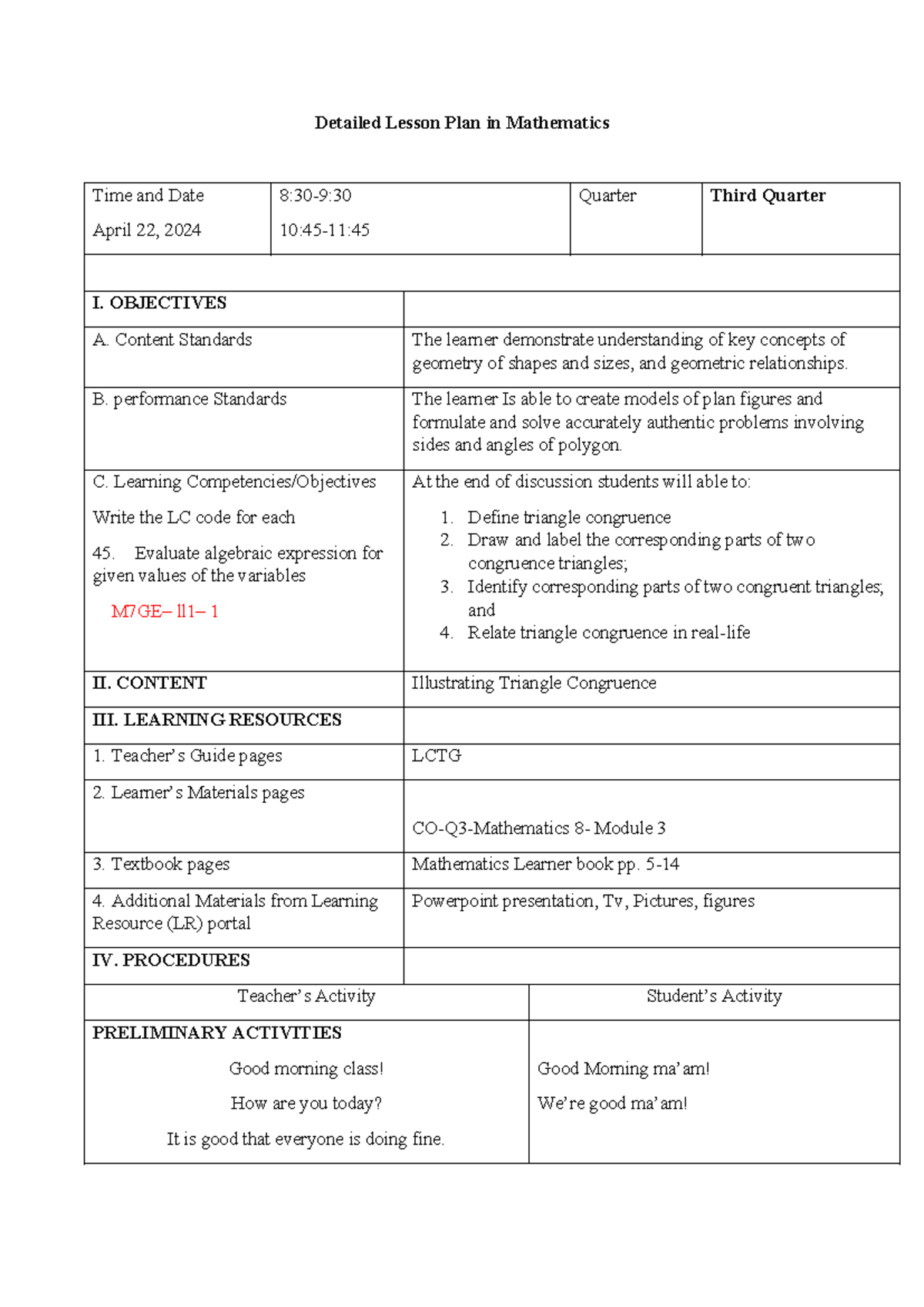 Illustrating Congruence Triangle Detailed Lesson Plan - Detailed Lesson ...