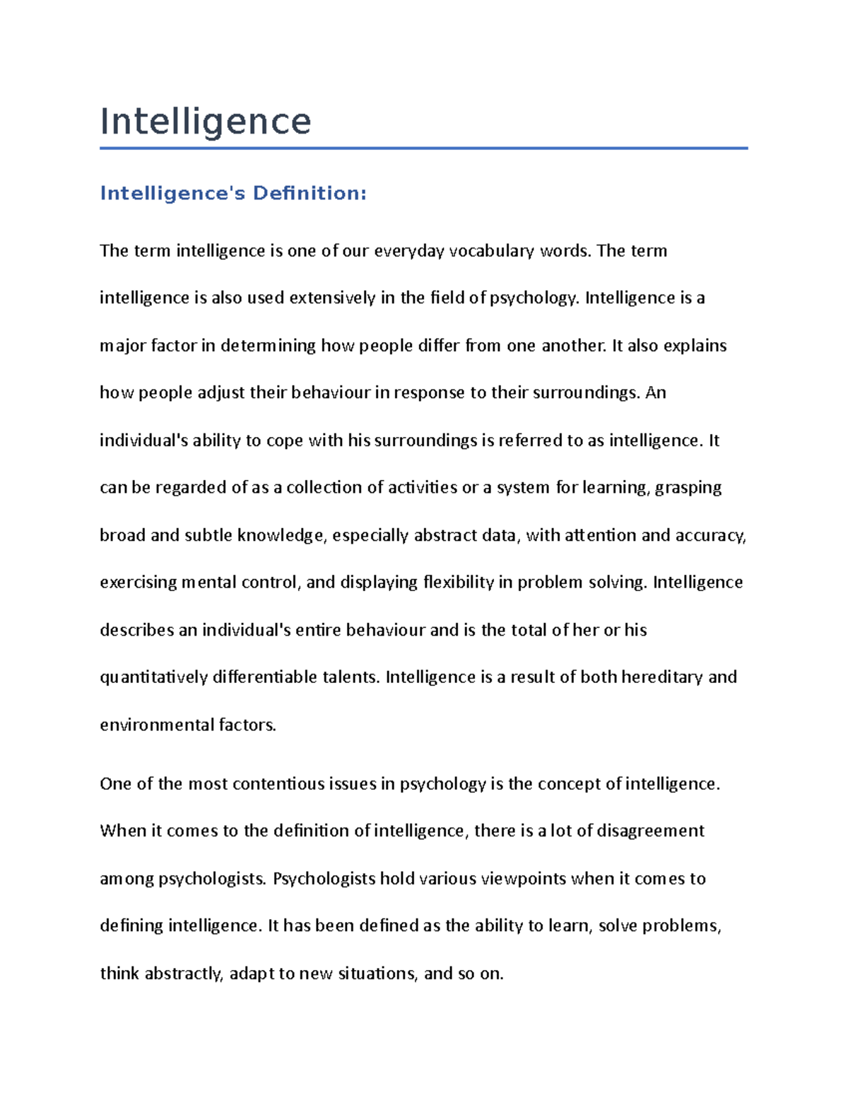 A Brife Note on Intelligence - Intelligence Intelligence's Definition ...