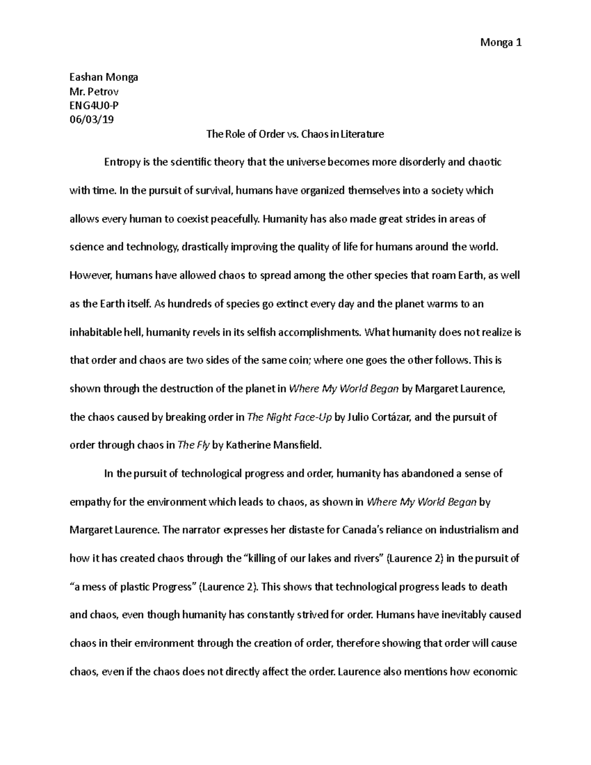 The Role Of Order Vs Chaos In Literature Eashan Monga Mr Petrov