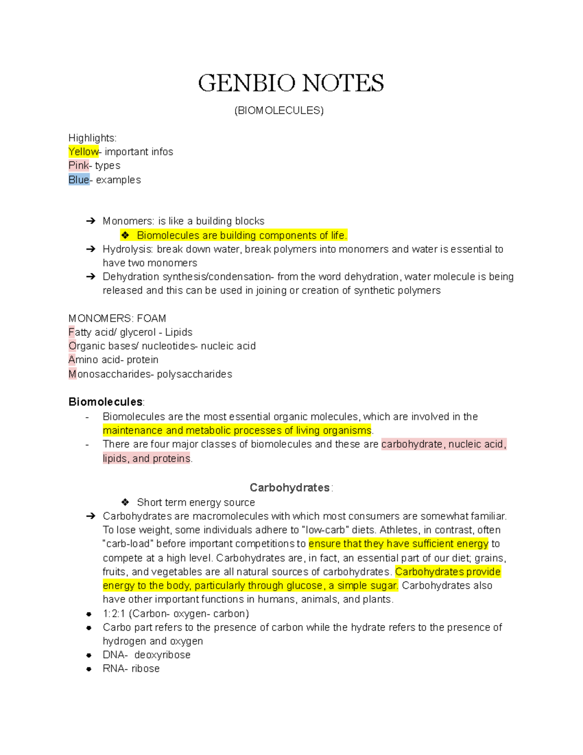 Genbio Notes - Summary Medical Technology - GENBIO NOTES (BIOMOLECULES ...