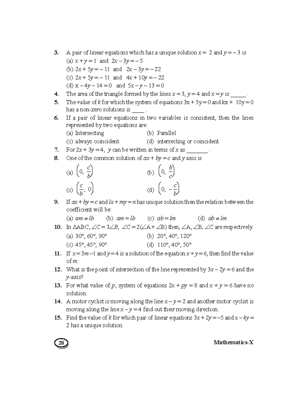 Ch 3 - Youo - A pair of linear equations which has a unique solution x ...