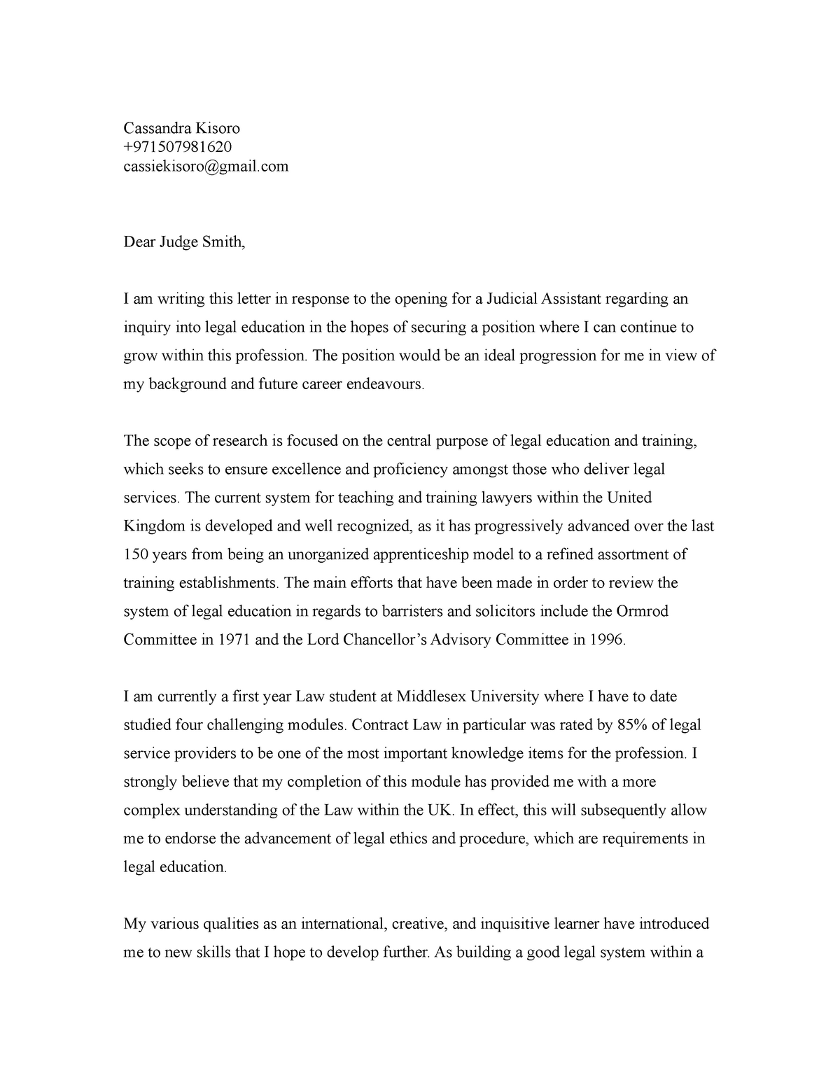 Judicial Assistant Cover Letter - Cassandra Kisoro + cassiekisoro@gmail ...