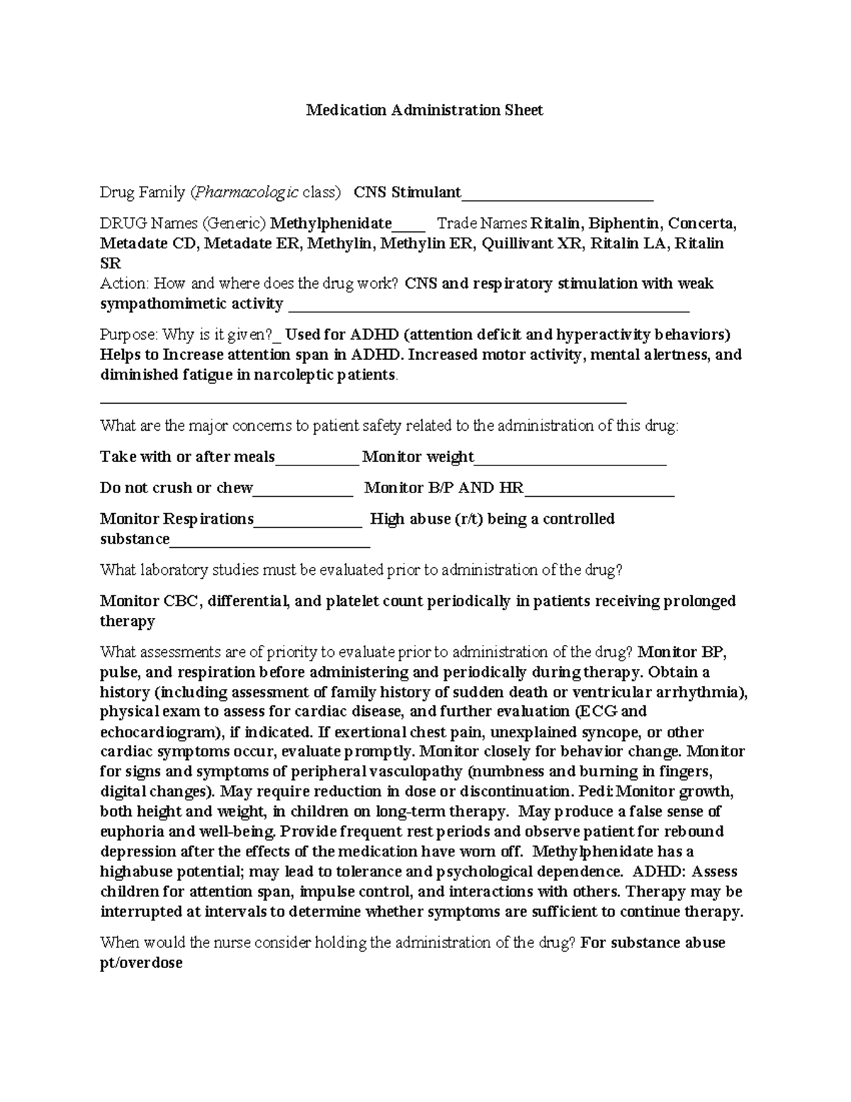 Methylphenidate Nursing Medication Administration Sheet Drug Family