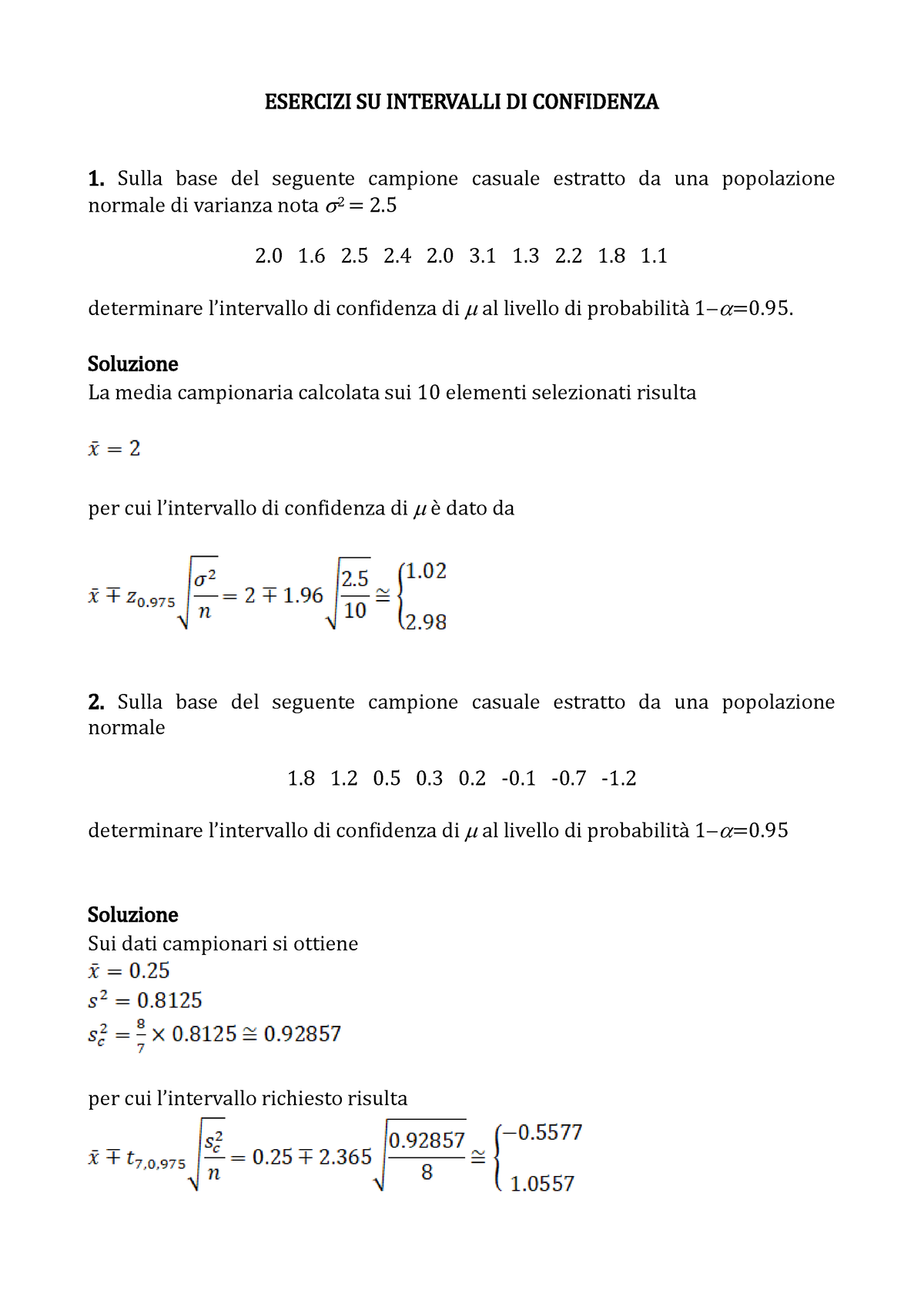 Esercizi Su Intervalli Di Confidenza - ESERCIZI SU INTERVALLI DI ...