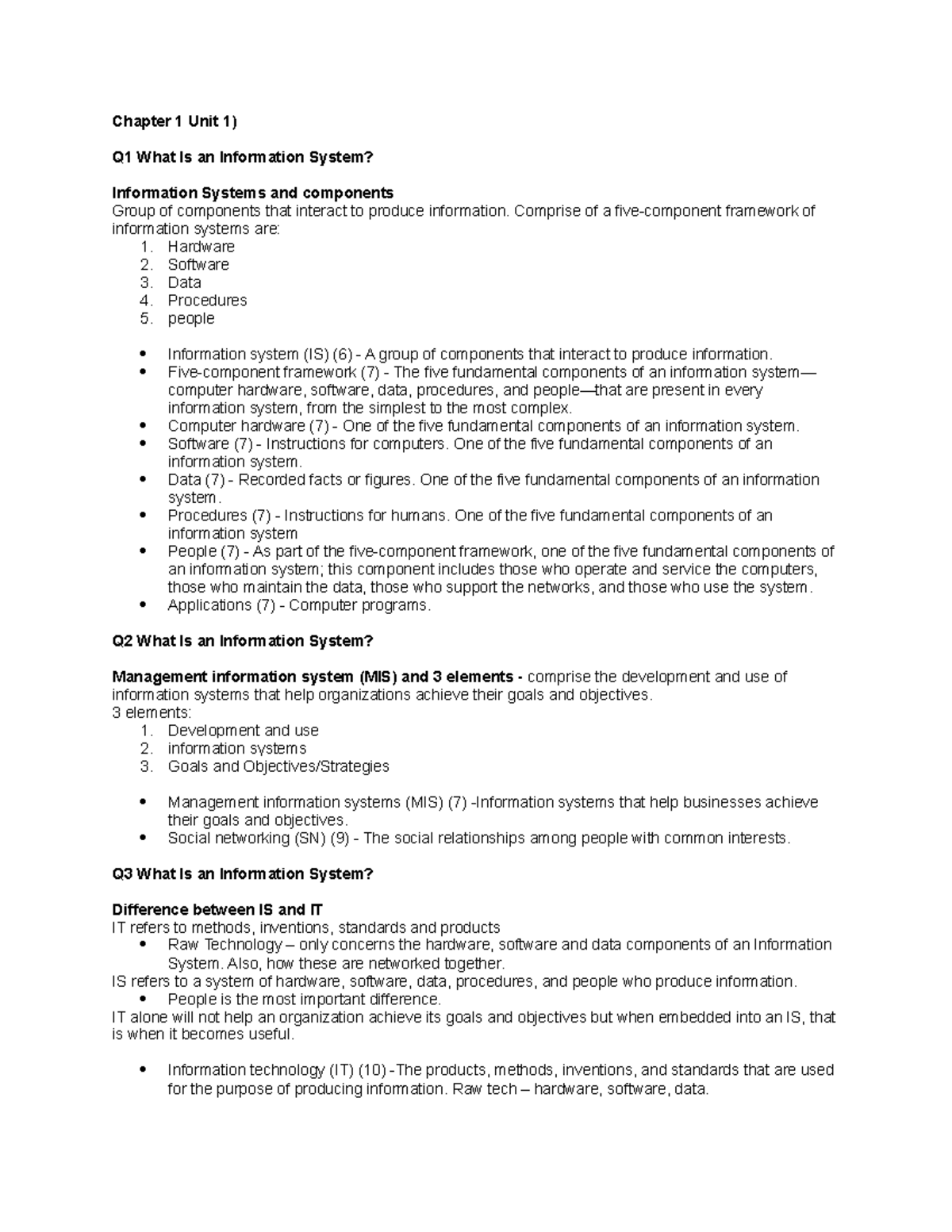 CMIS 351 Midterm Notes - Chapter 1 Unit 1) Q1 What Is an Information ...