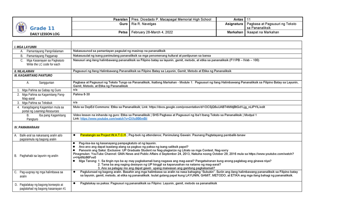 DLL Q4 Pagbasa Etika Sa Pananaliksik Grade 11 DAILY LESSON LOG