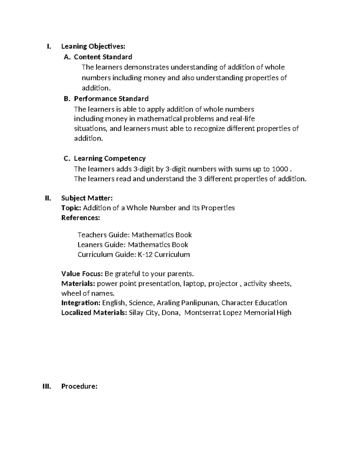 Lesson Plan In Mathematics - I. Leaning Objectives: A. Content Standard ...