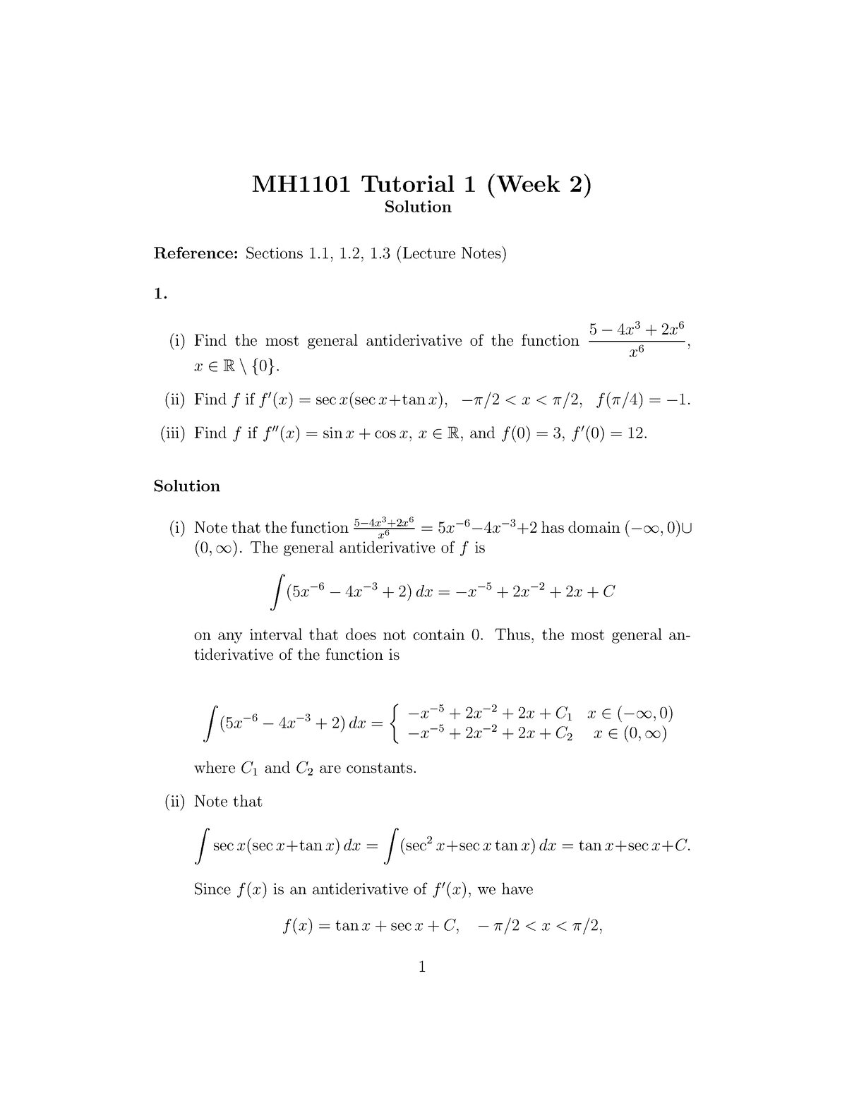 Solution 1 - MH1101 Tutorial 1 (Week 2) Solution Reference: Sections 1 ...