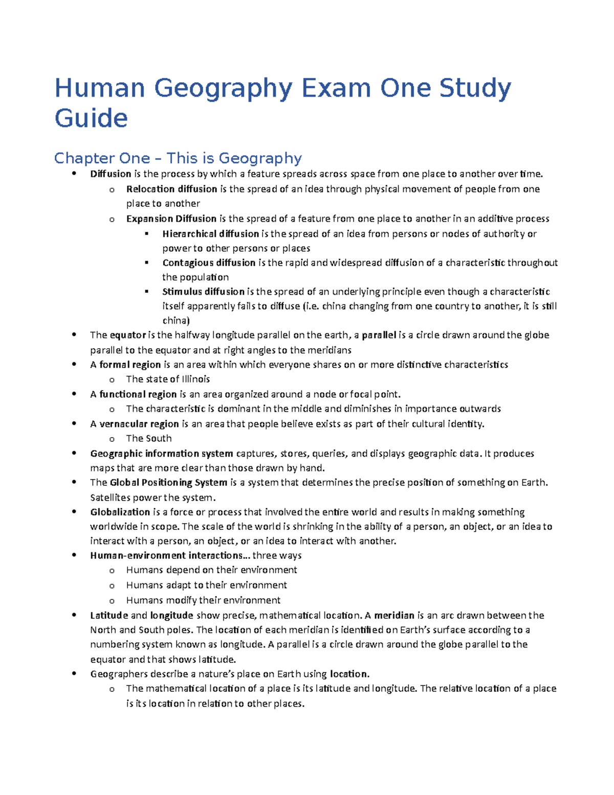 Human Geography Exam One Study Guide - o Relocation diffusion is the ...