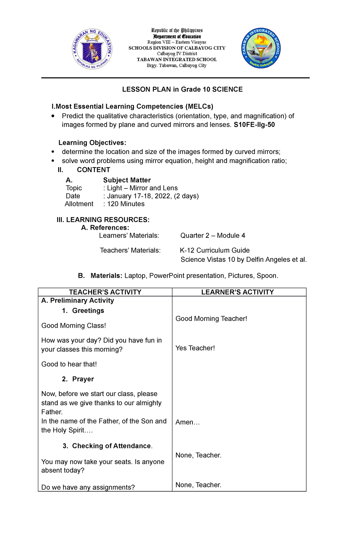 January 9, 2023 - Science 10 lesson plan - LESSON PLAN in Grade 10 ...