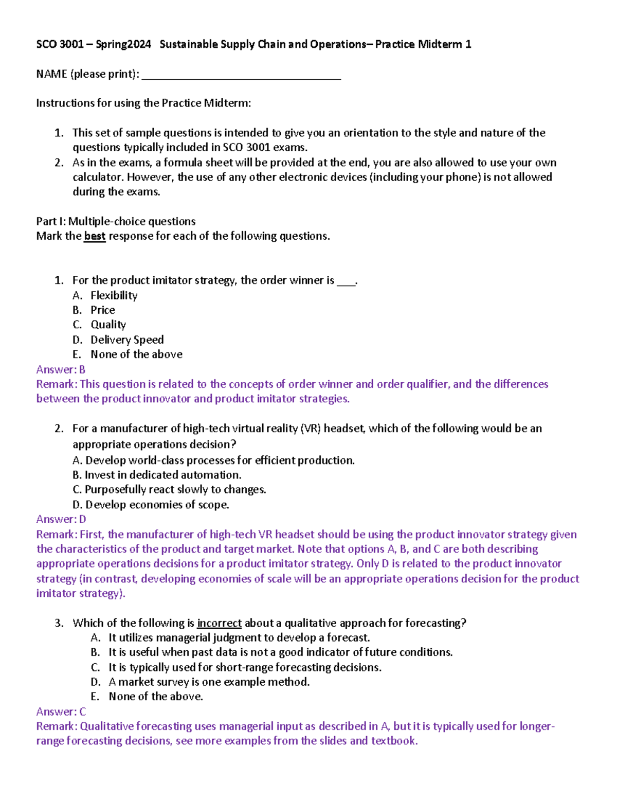 Practice midterm 1-Solution - SCO 3001 – Spring2024 Sustainable Supply ...