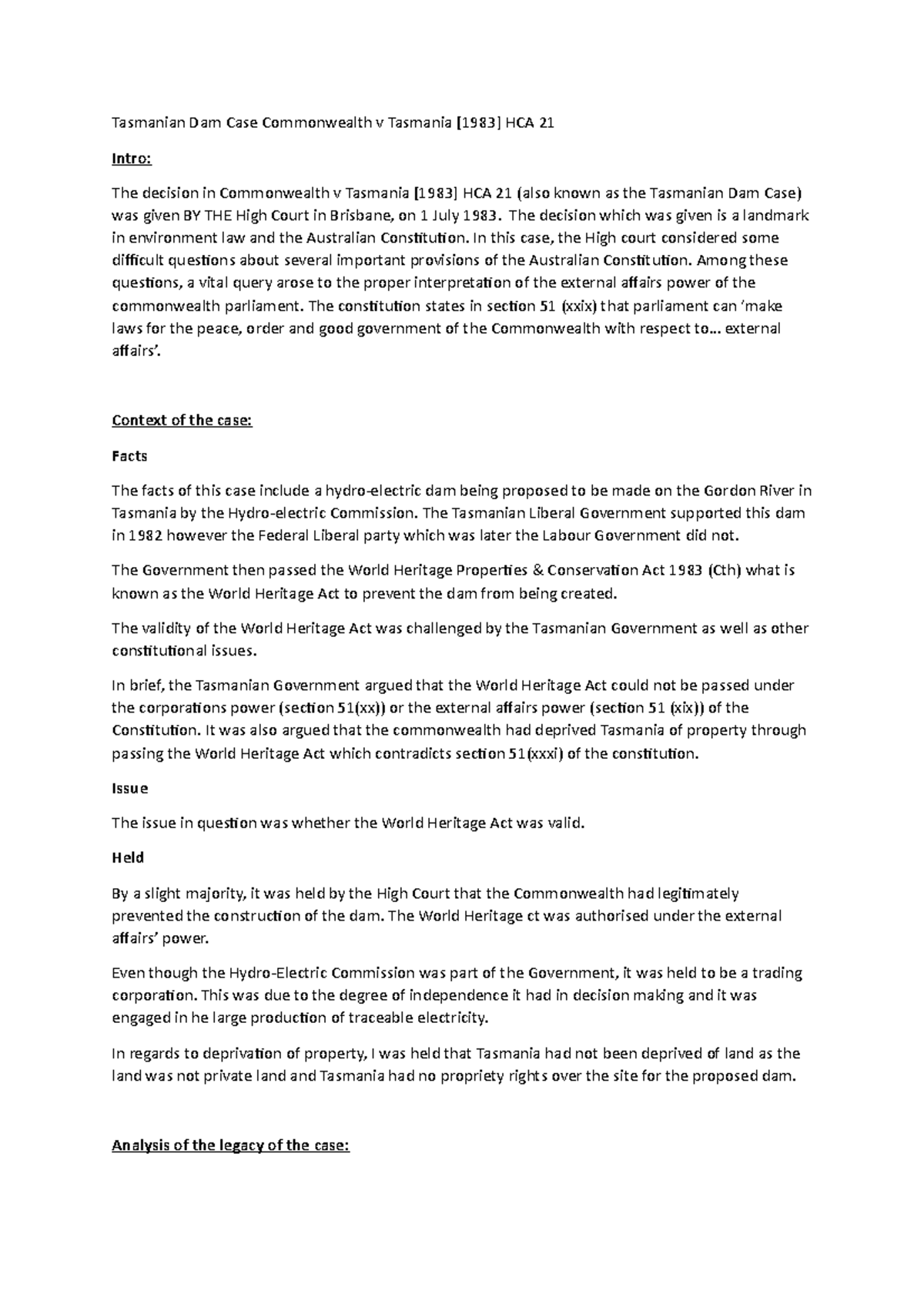 Tasmanian Dam Case D335 Criminology Law Deakin Studocu
