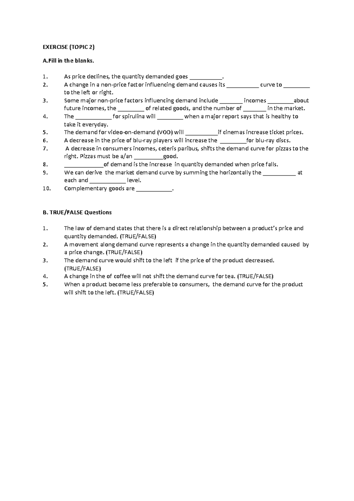 Tutorial ECO415 chapter 1 - EXERCISE (TOPIC 2) A in the blanks. As ...