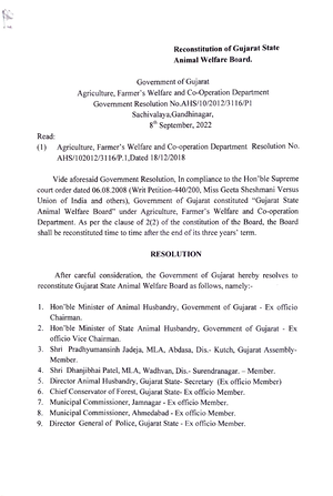 Reconstitution of Gsawb - 2022 - Reconstitution of Gujarat State Animal  Welfare Board. Government of - Studocu