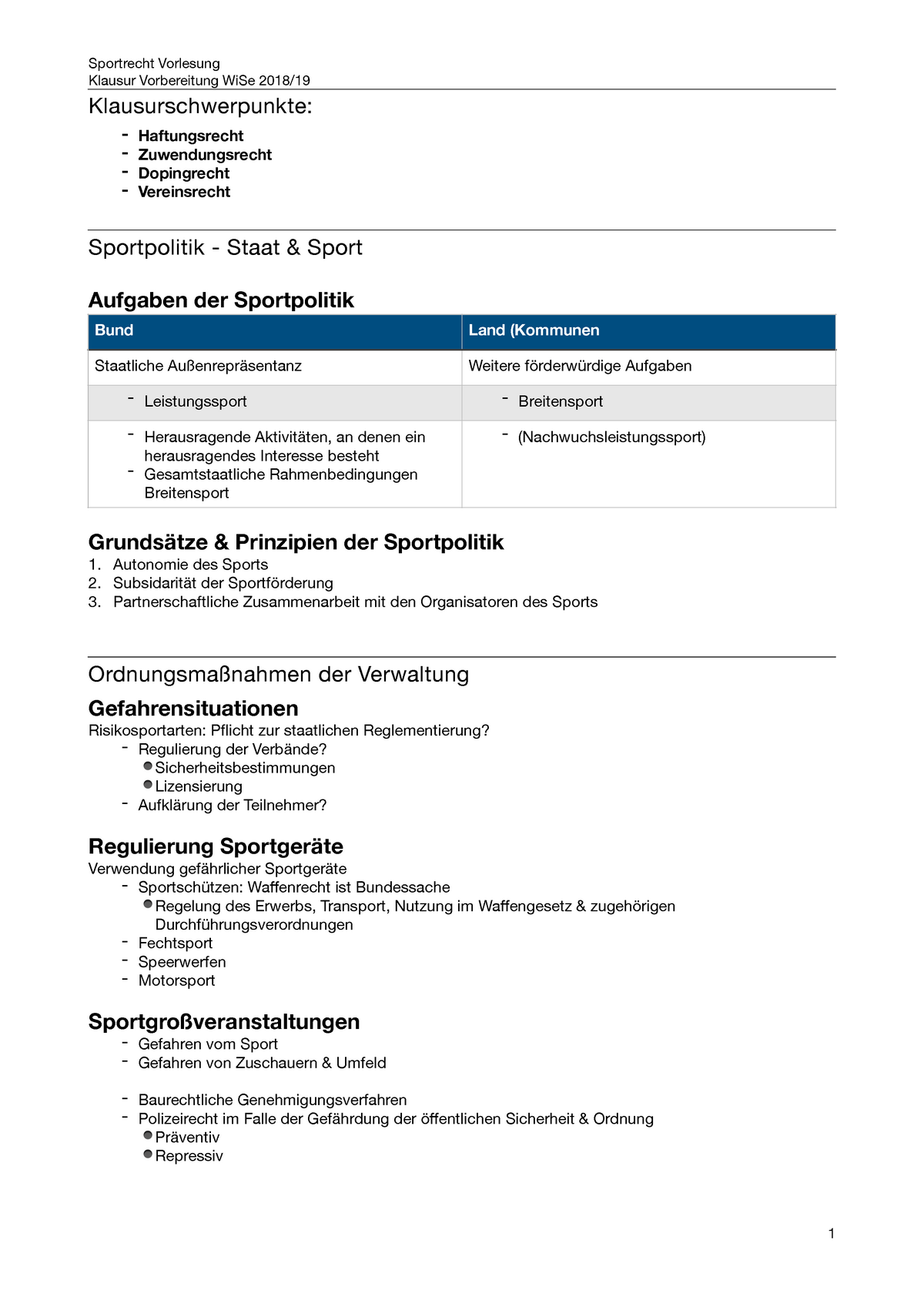 Sportrecht - Skript - Zusammenfassung Sportverwaltung - Klausur ...