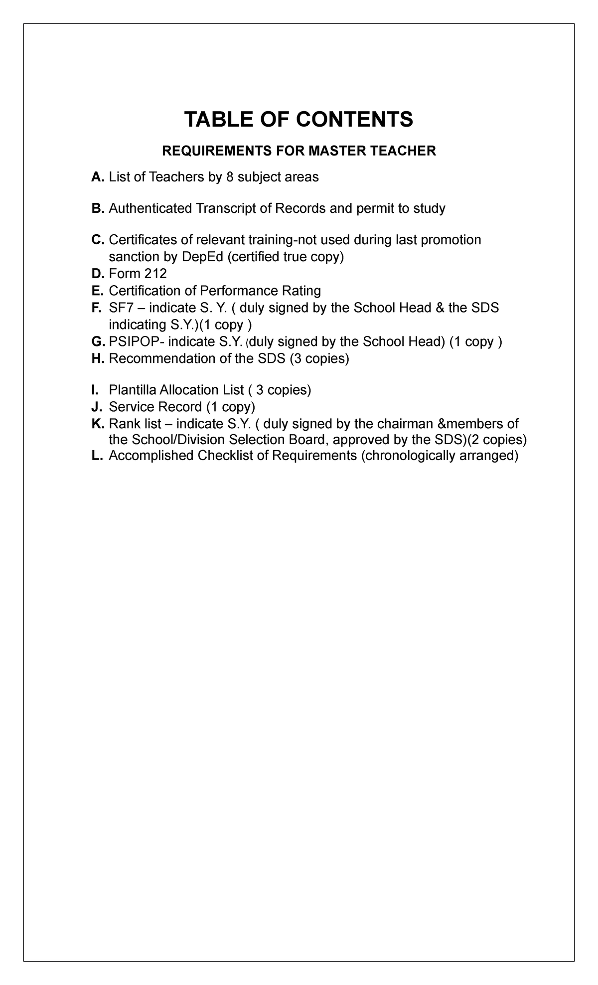 Table of contents et al nothing TABLE OF CONTENTS REQUIREMENTS FOR