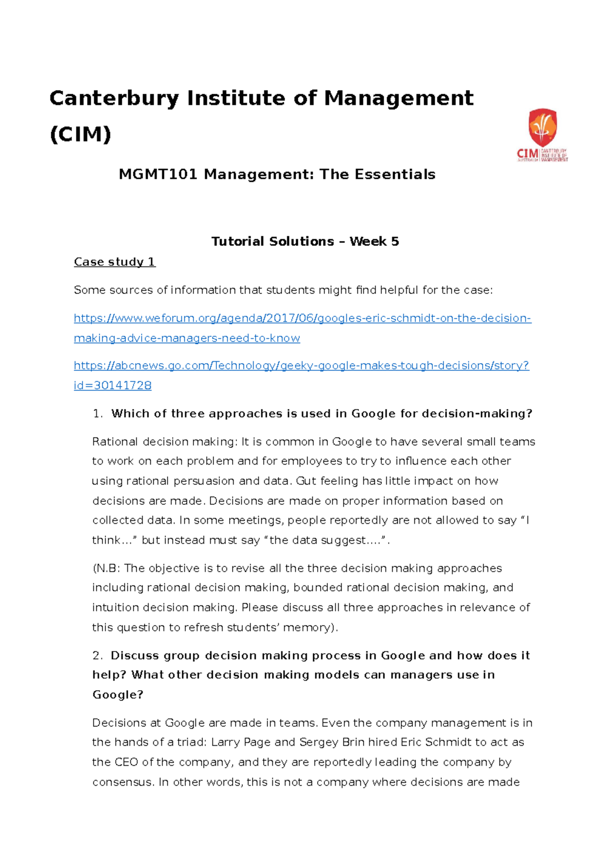 MGMT101 Tutorial Solutions Week 5 - Canterbury Institute Of Management ...