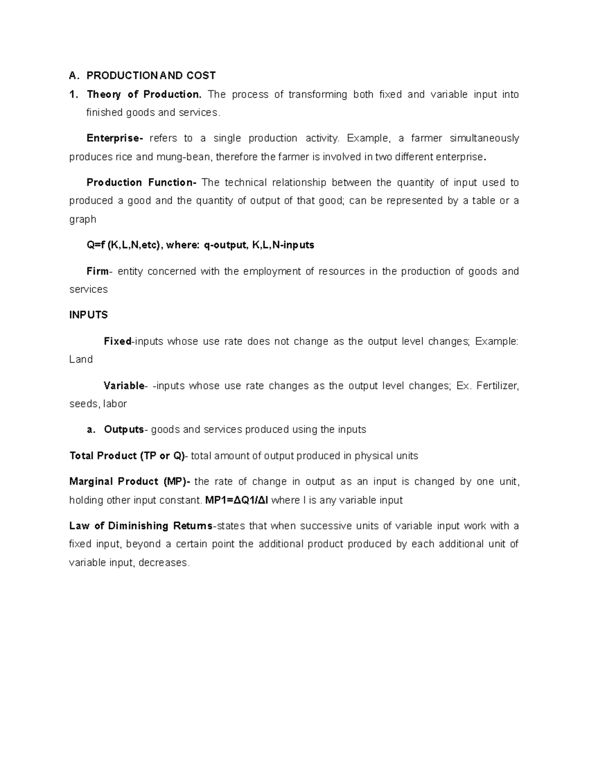 Production AND COST - A. PRODUCTION AND COST 1. Theory of Production ...