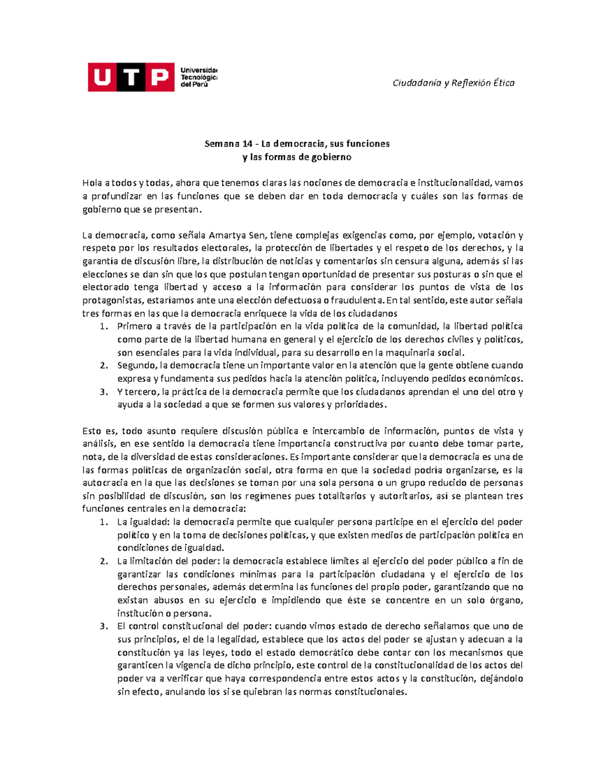 Semana 14 La Democracia Sus Funciones Y Las Formas De Gobierno La