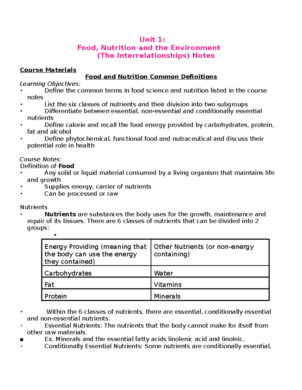 Lecture notes, lectures units 1-5 - Unit 1: Food, Nutrition and the ...