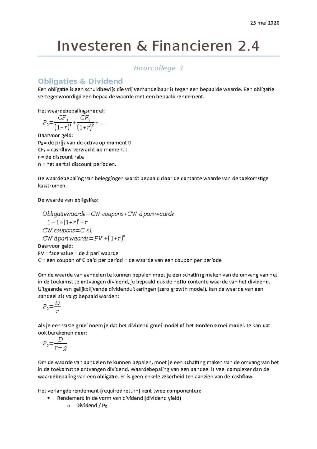 Investeren & Financieren 2.4, Hoorcollege week 3 25 mei 2020