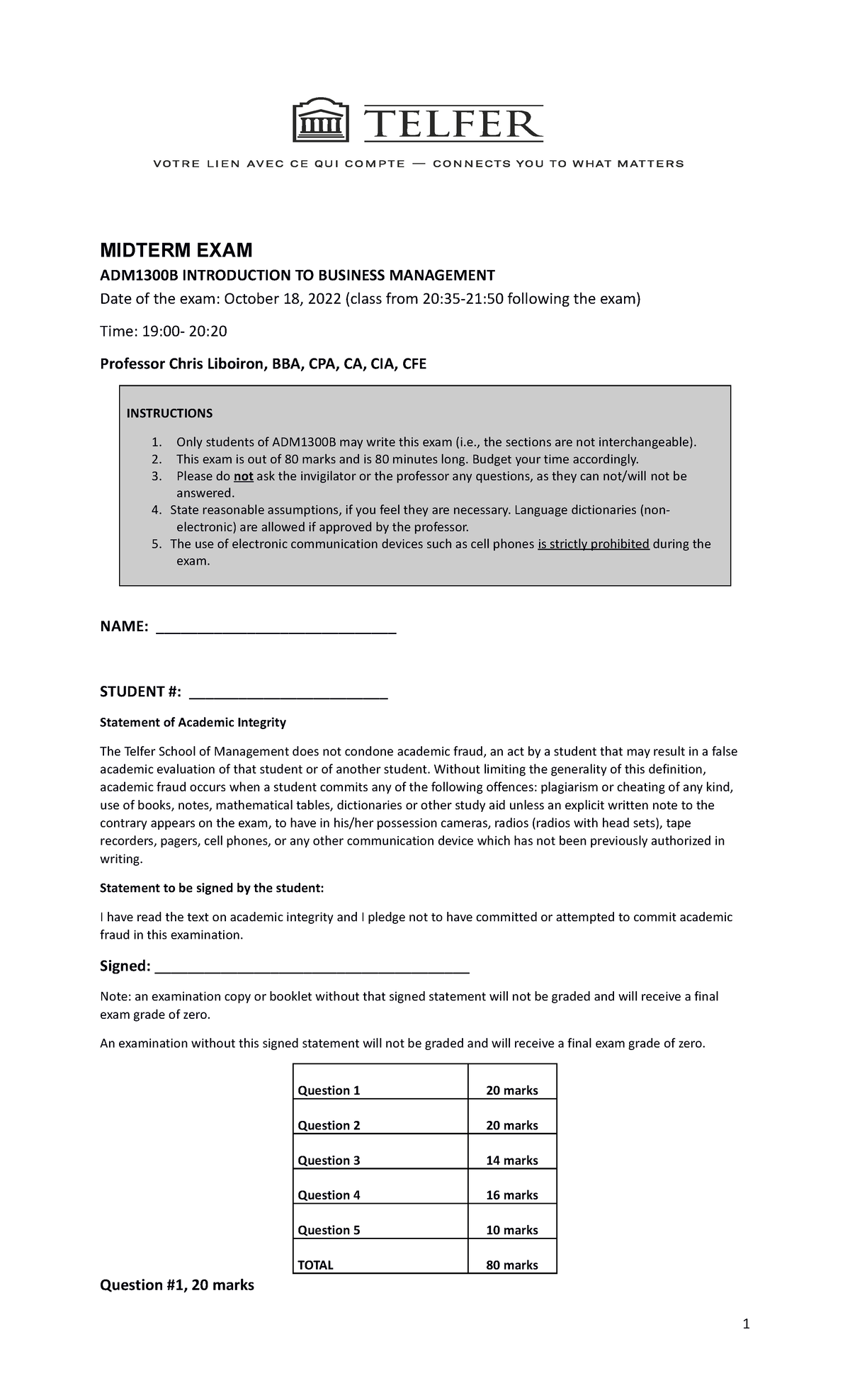 ADM1300B Midterm Answer key - MIDTERM EXAM ADM1300B INTRODUCTION TO ...