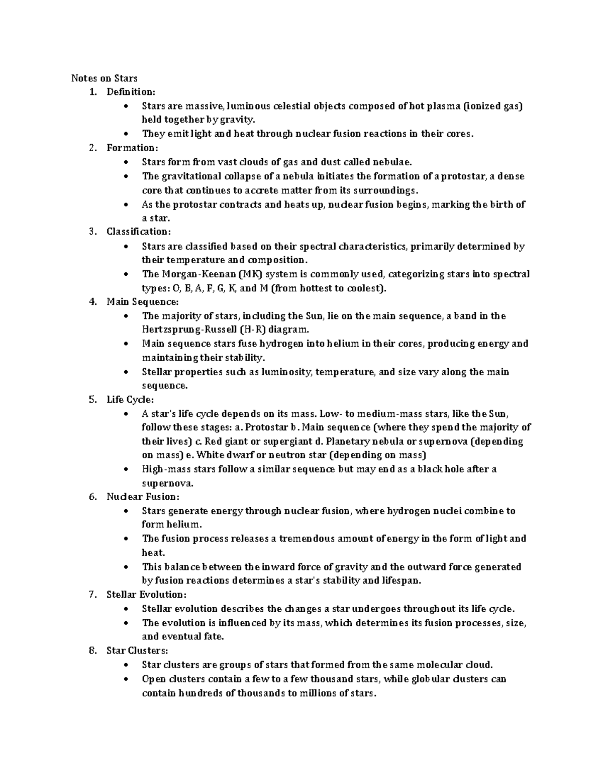Notes on Stars - Definition: - Stars are massive, luminous celestial ...