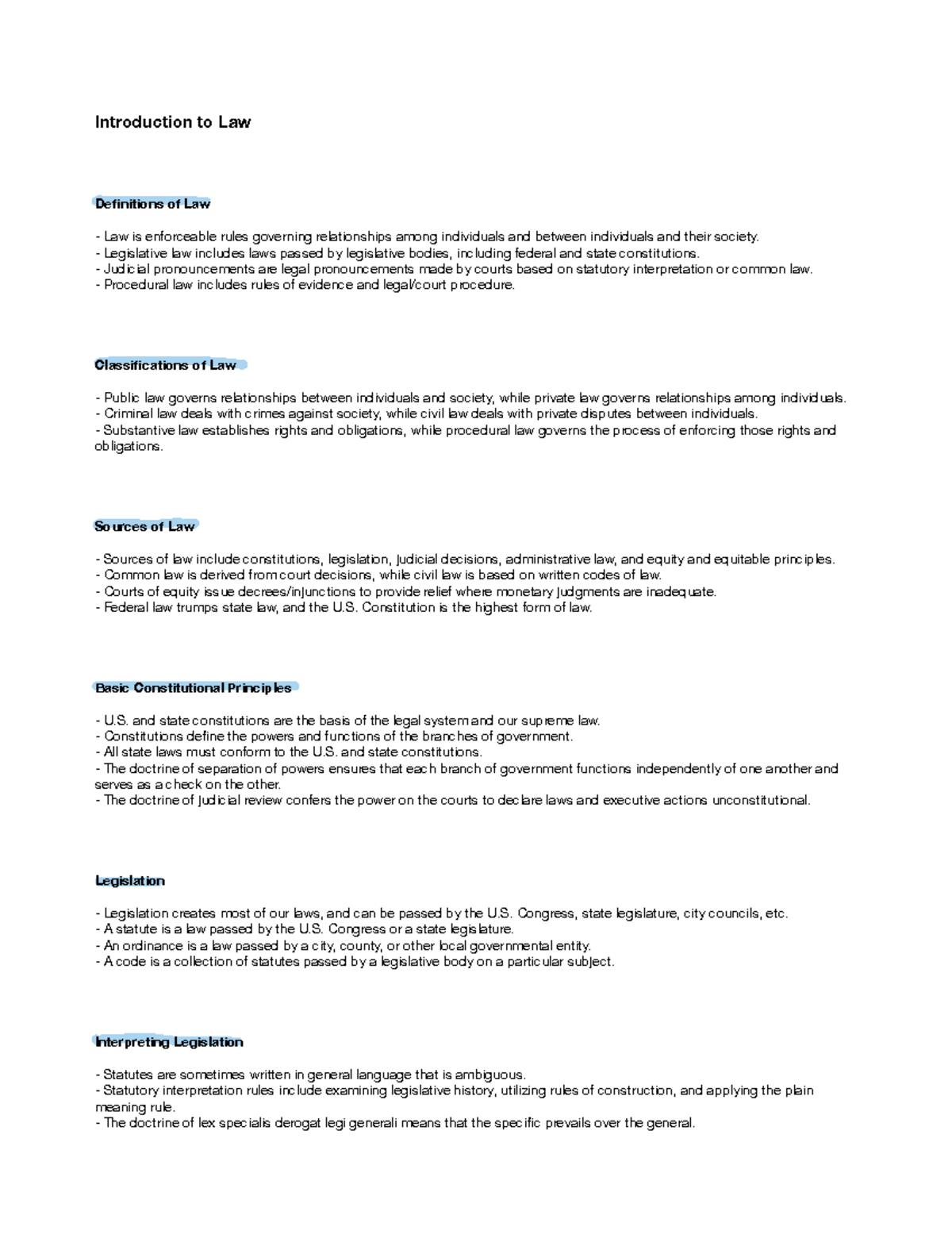 BUL3310 Notes Introduction to Law Introduction to Law Definitions of