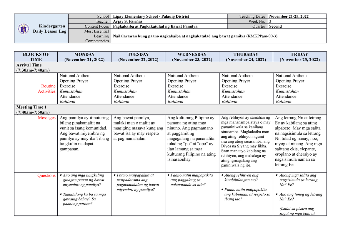 Kindergarten Dll Melc Q2 Week 3 Asf Kindergarten Daily Lesson Log School Lipay Elementary 6885